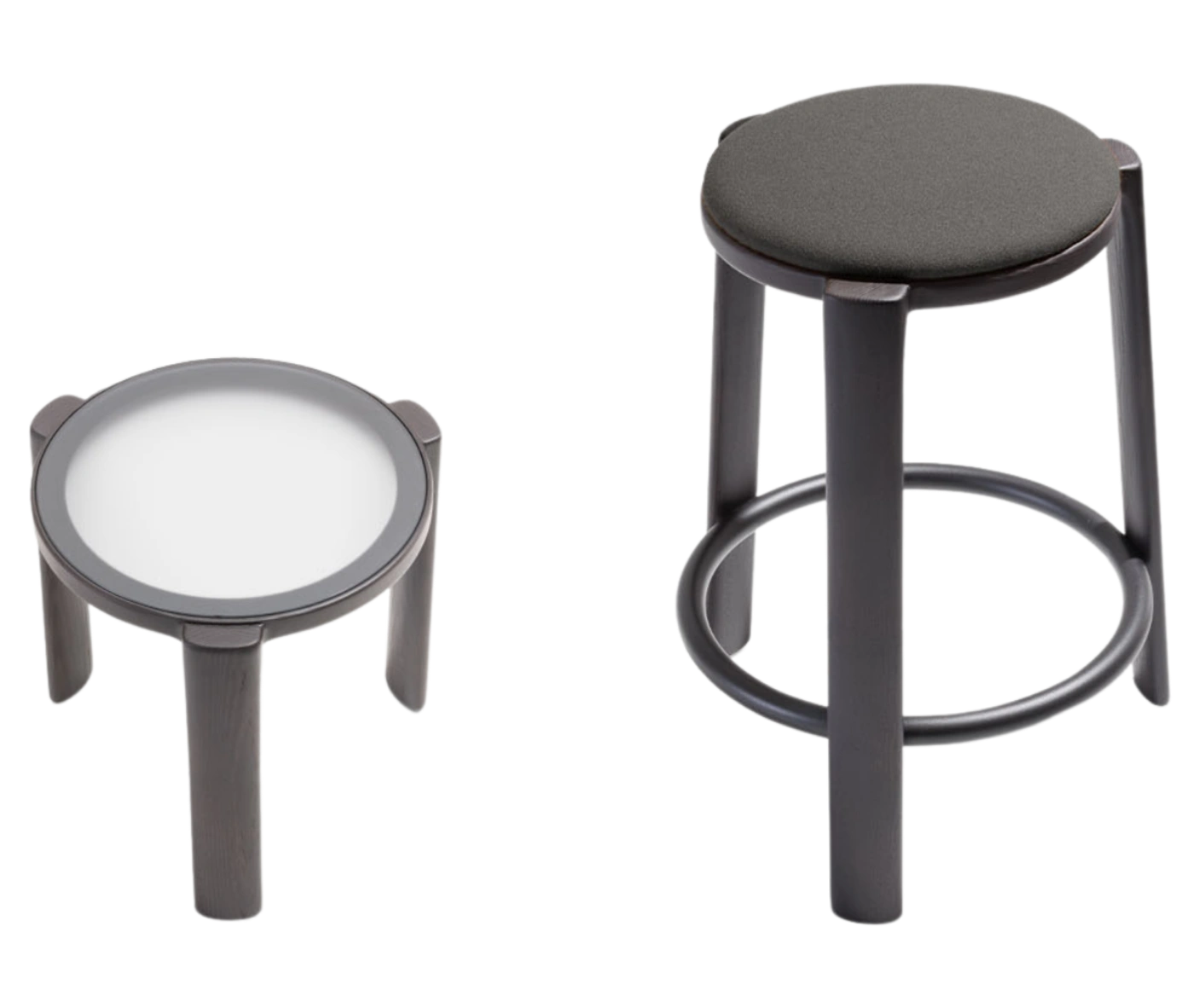 Top view of True Cute stool and occasional table with dark timber legs.