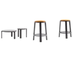 Top view of True Cute stools and occasional tables with dark timber legs.
