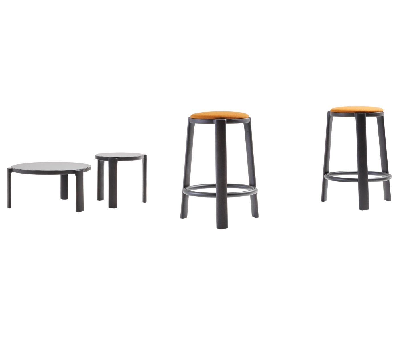 Top view of True Cute stools and occasional tables with dark timber legs.