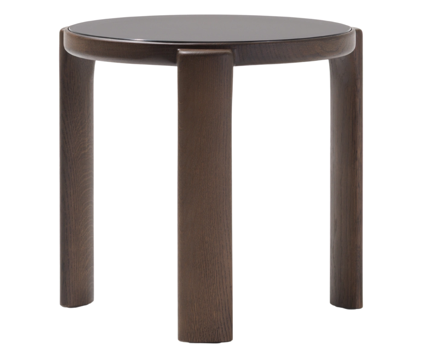 True Cute occasional table with round glass tabletop and timber legs.