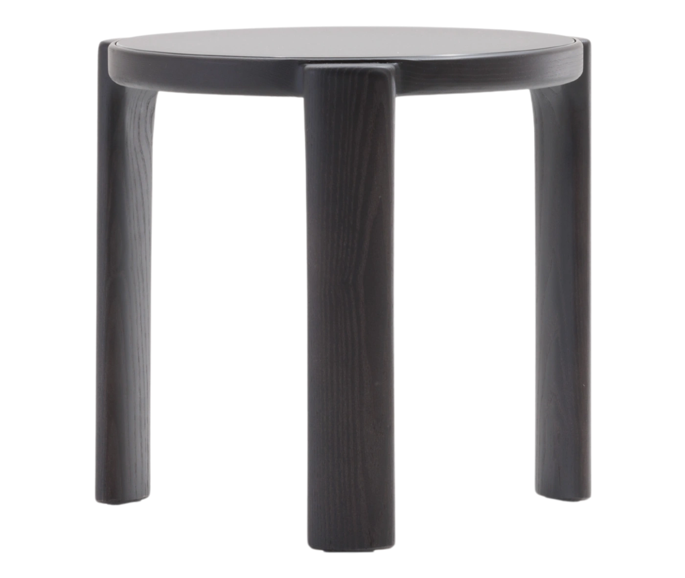 True Cute occasional table with round glass tabletop and dark timber legs.