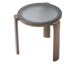True Cute occasional table, top view with round glass tabletop and timber legs.