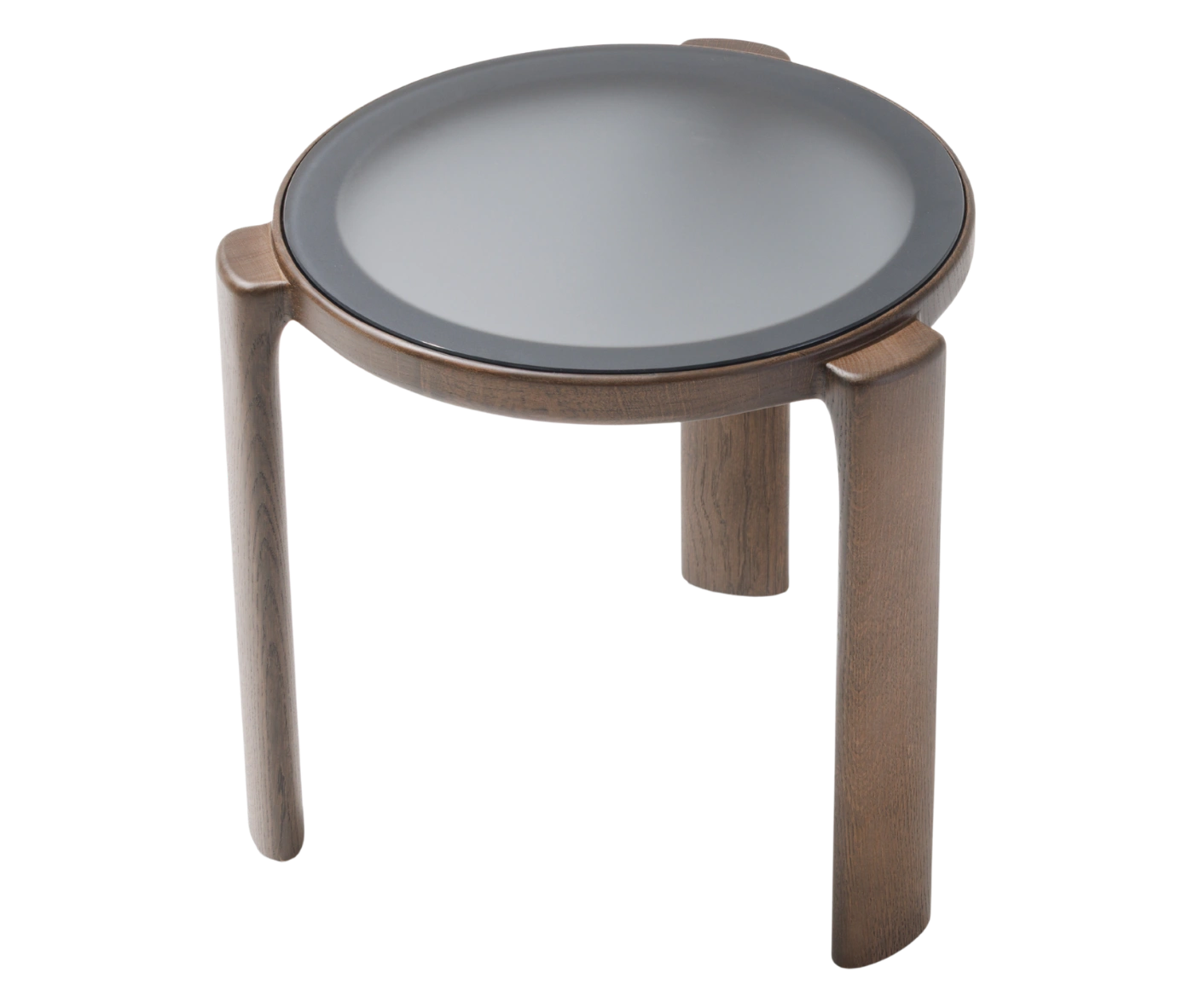 True Cute occasional table, top view with round glass tabletop and timber legs.