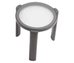 True Cute occasional table, top view with round glass tabletop and dark timber legs.