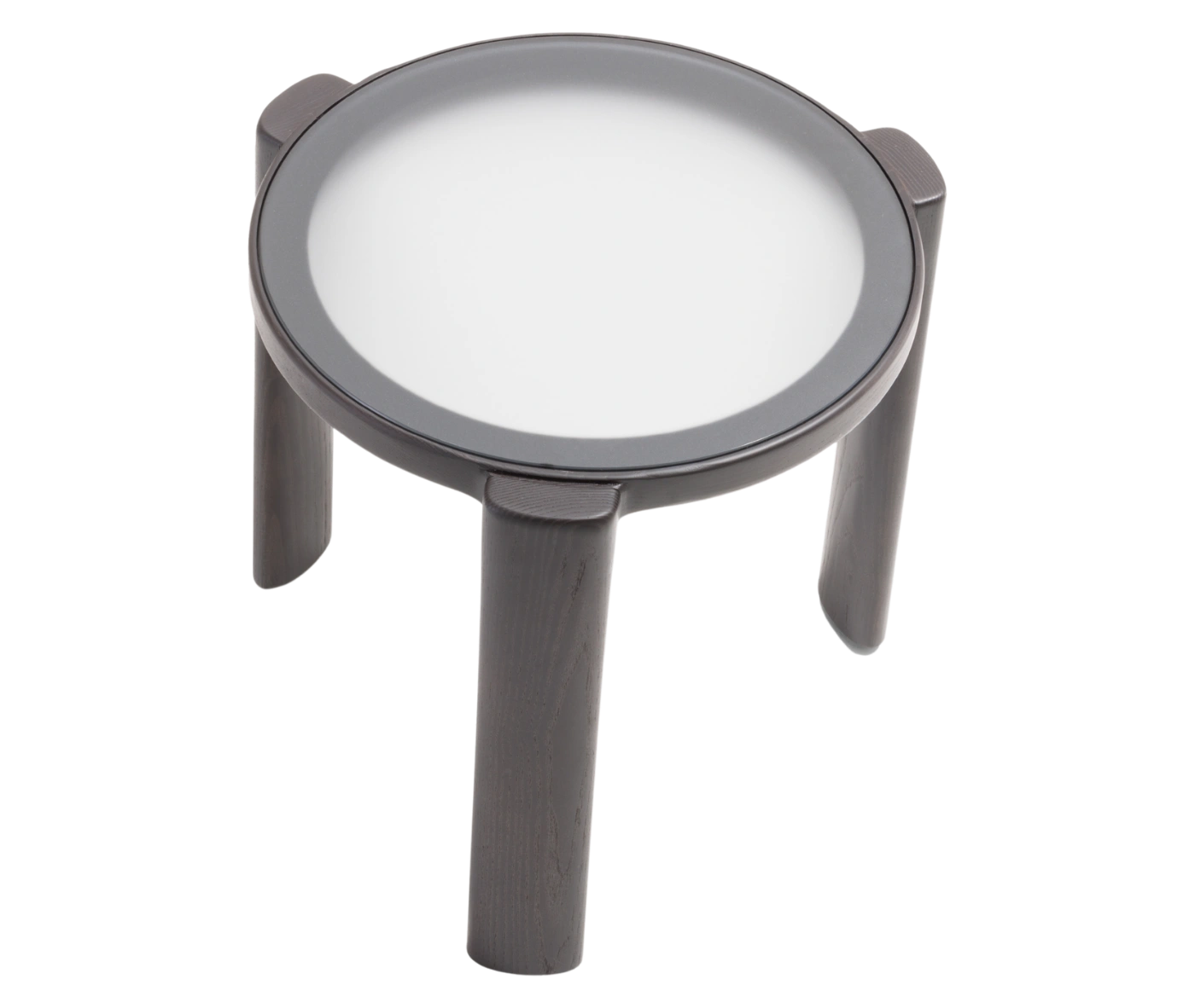 True Cute occasional table, top view with round glass tabletop and dark timber legs.