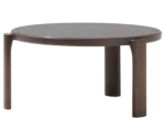 True Cute occasional table with wide round glass tabletop and low timber legs.