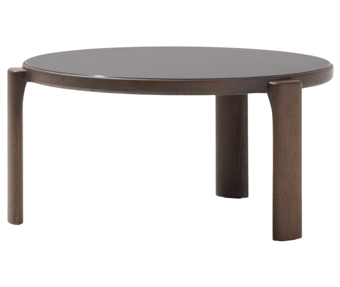True Cute occasional table with wide round glass tabletop and low timber legs.