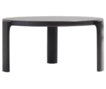 True Cute occasional table with wide round glass tabletop and low timber legs in dark finish.