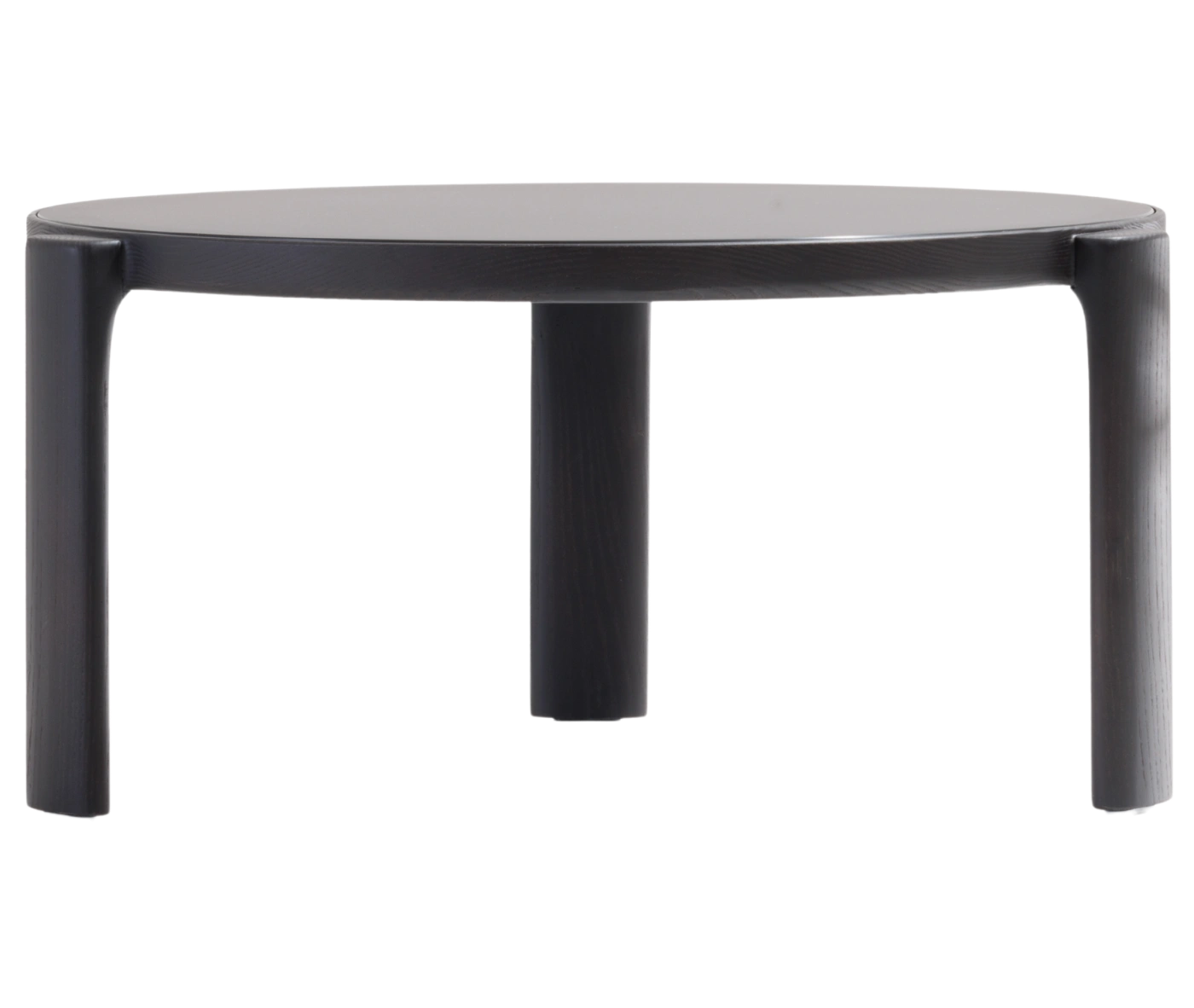 True Cute occasional table with wide round glass tabletop and low timber legs in dark finish.