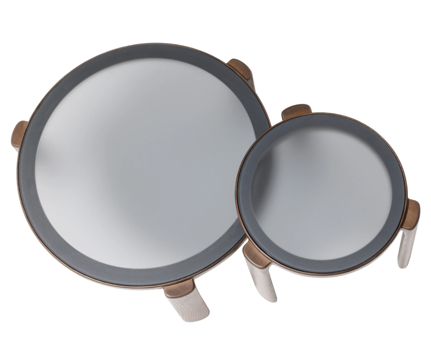 True Cute top view of two round occasional tables with smoked glass tabletops and solid timber frames.