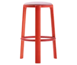 True Cute stool with a light pink upholstered seat, long red timber legs and a circular footrest.