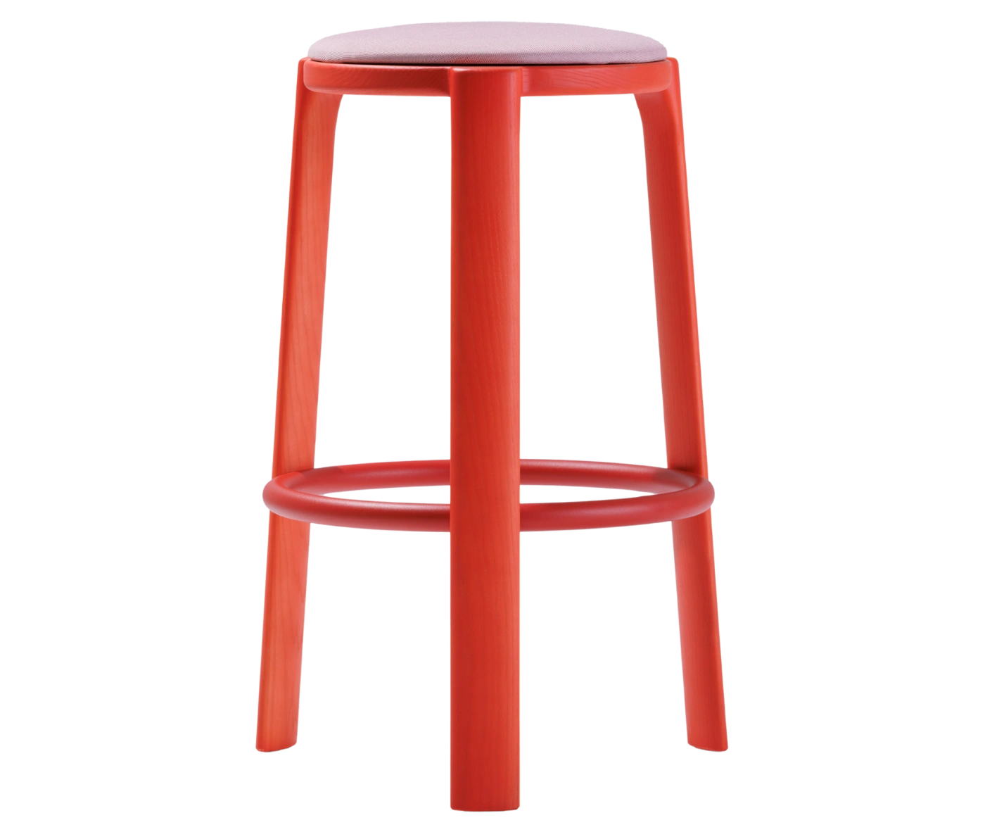 True Cute stool with a light pink upholstered seat, long red timber legs and a circular footrest.