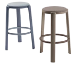 True Cute stools with timber legs, upholstered seats and circular footrests in assorted finishes.