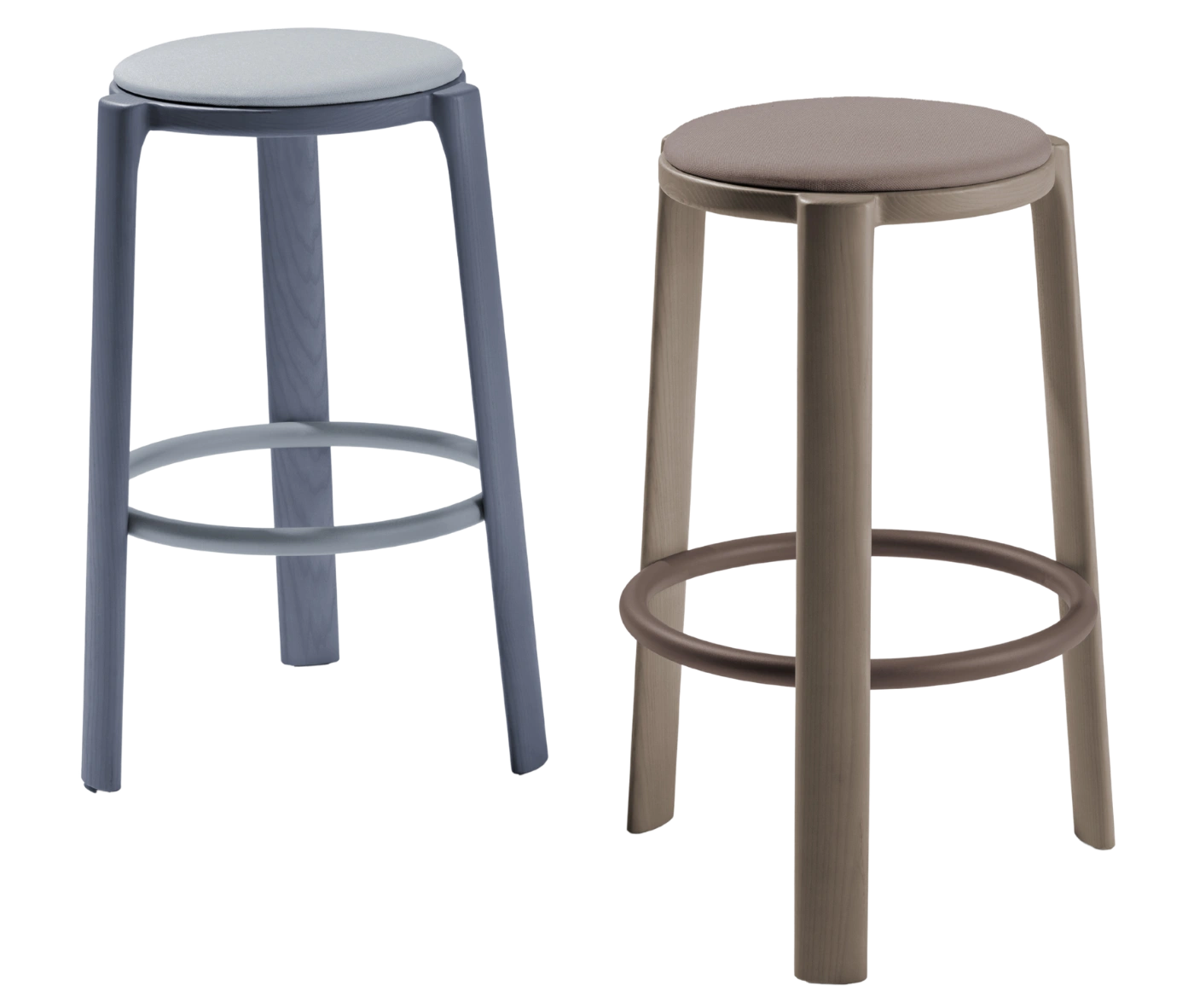 True Cute stools with timber legs, upholstered seats and circular footrests in assorted finishes.