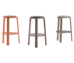 True Cute front view of three timber stools with upholstered seats, and circular footrests.