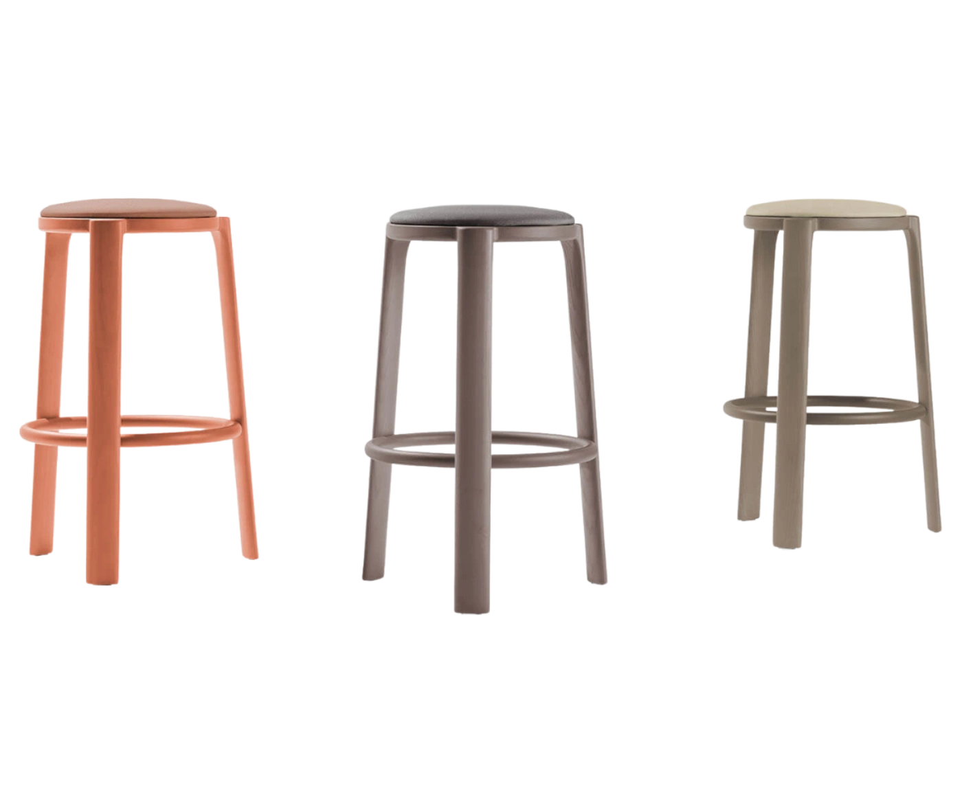 True Cute front view of three timber stools with upholstered seats, and circular footrests.