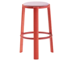 True Cute stool, front view with a light pink upholstered seat, long red timber legs and a circular footrest.