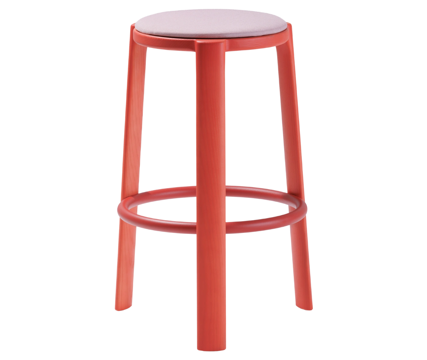 True Cute stool, front view with a light pink upholstered seat, long red timber legs and a circular footrest.