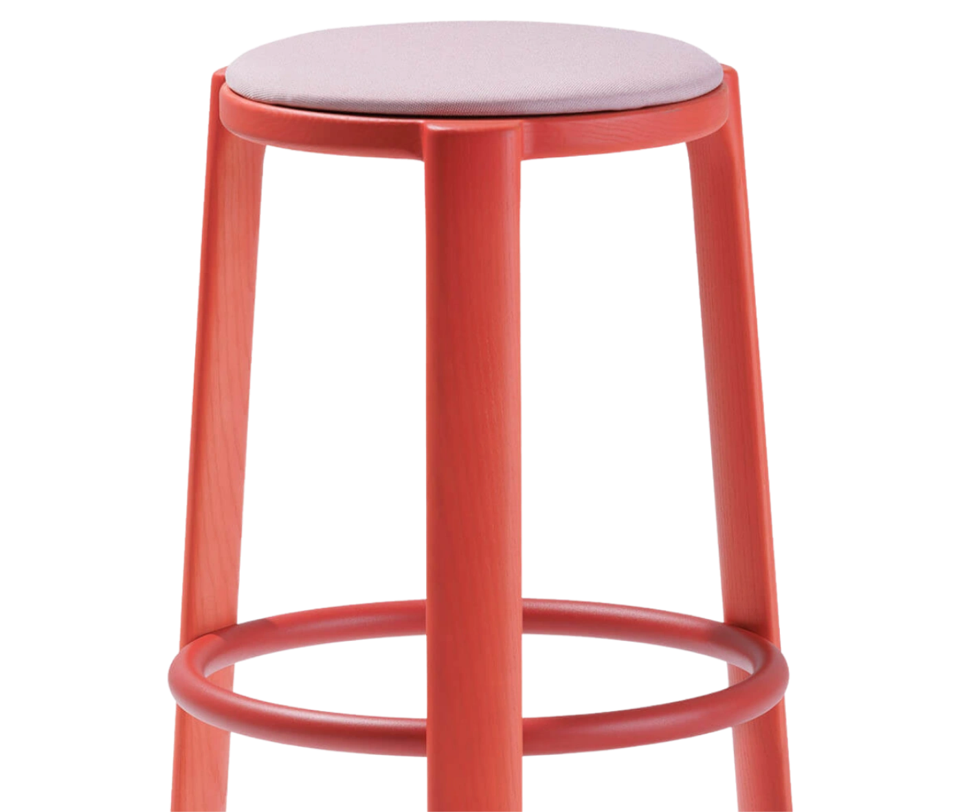 Close-up of True Cute stool with a light pink upholstered seat, long red timber legs and a circular footrest.