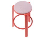 Top view of True Cute stool with a light pink upholstered seat, long red timber legs and a circular footrest.