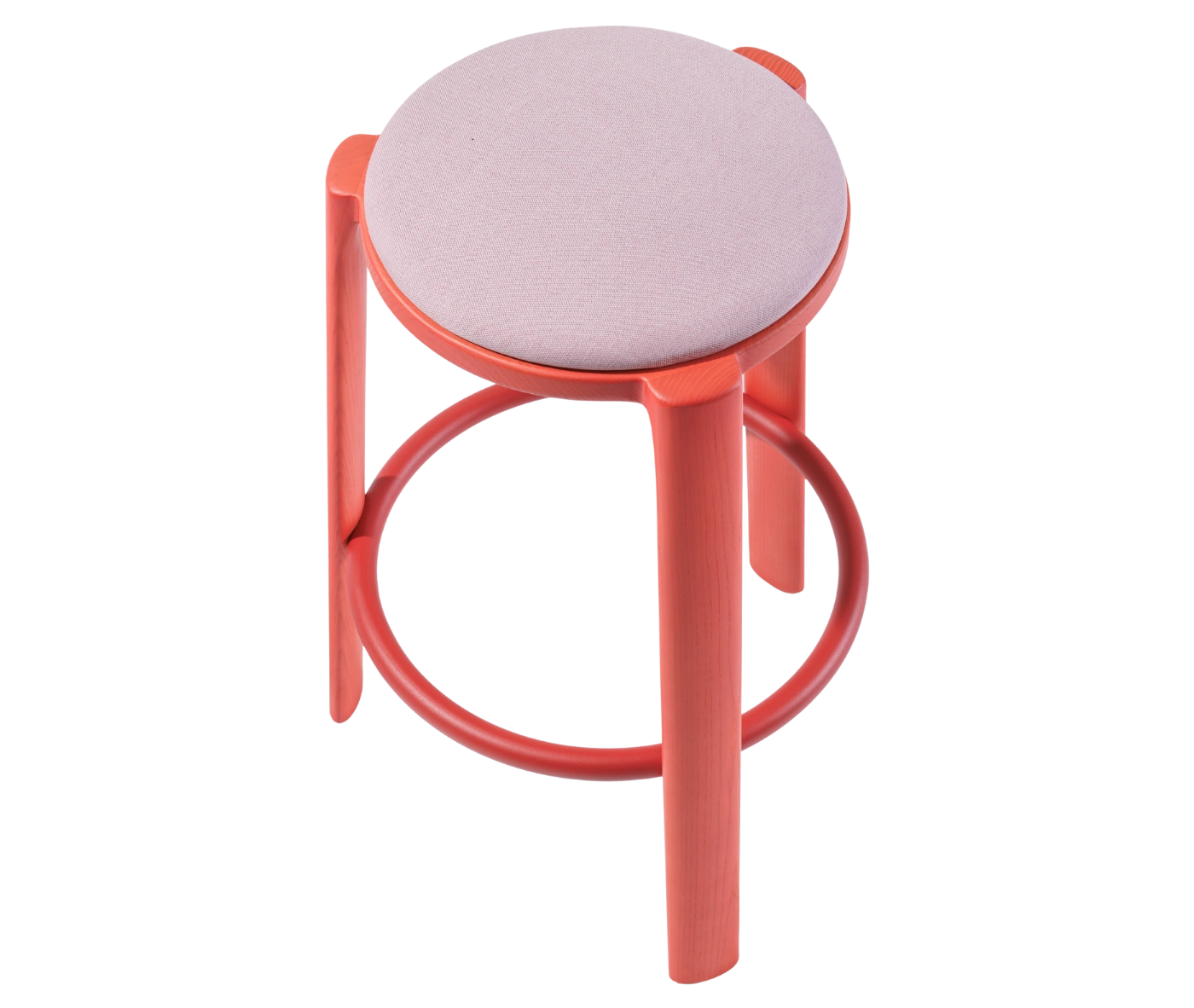 Top view of True Cute stool with a light pink upholstered seat, long red timber legs and a circular footrest.