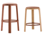 True Cute front view of two stool heights with timber frames, upholstered seats, and circular footrests.