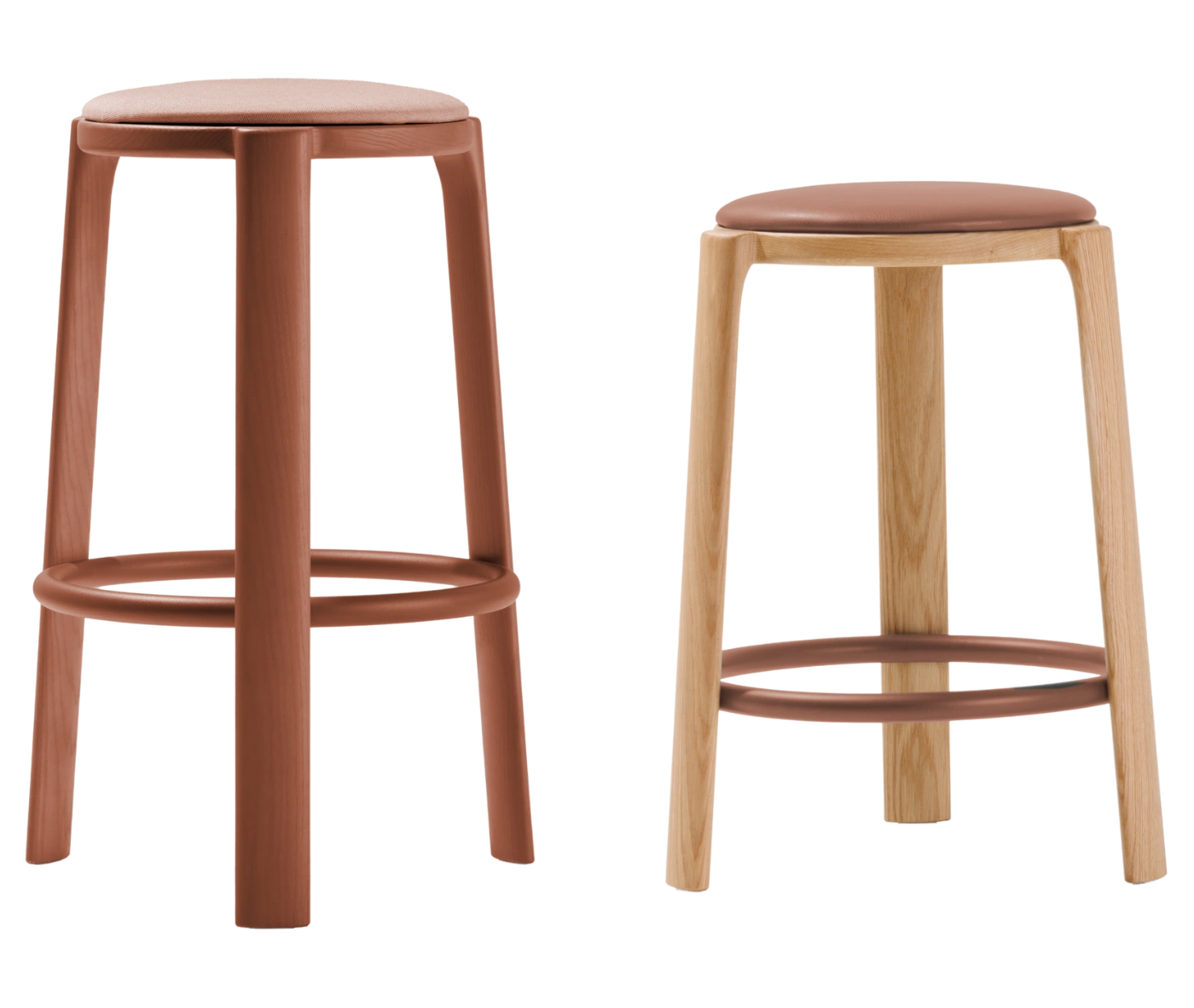 True Cute front view of two stool heights with timber frames, upholstered seats, and circular footrests.