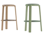 True Cute stools with timber frames, upholstered seats, and circular footrests in beige and sage green finishes.