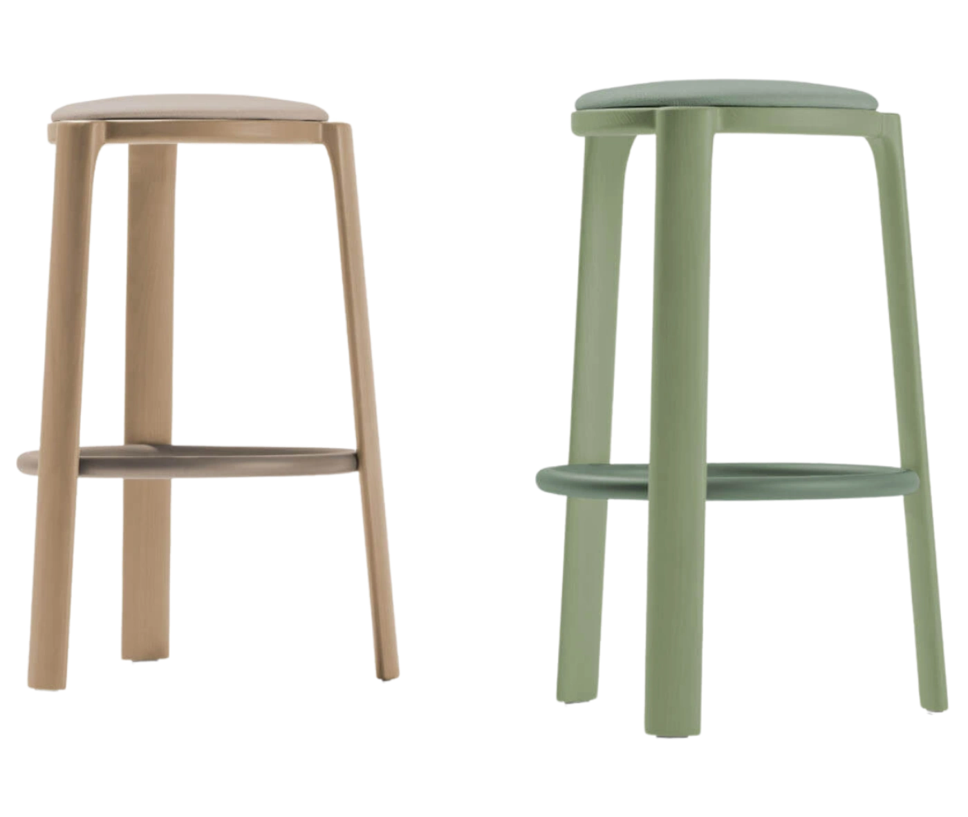 True Cute stools with timber frames, upholstered seats, and circular footrests in beige and sage green finishes.
