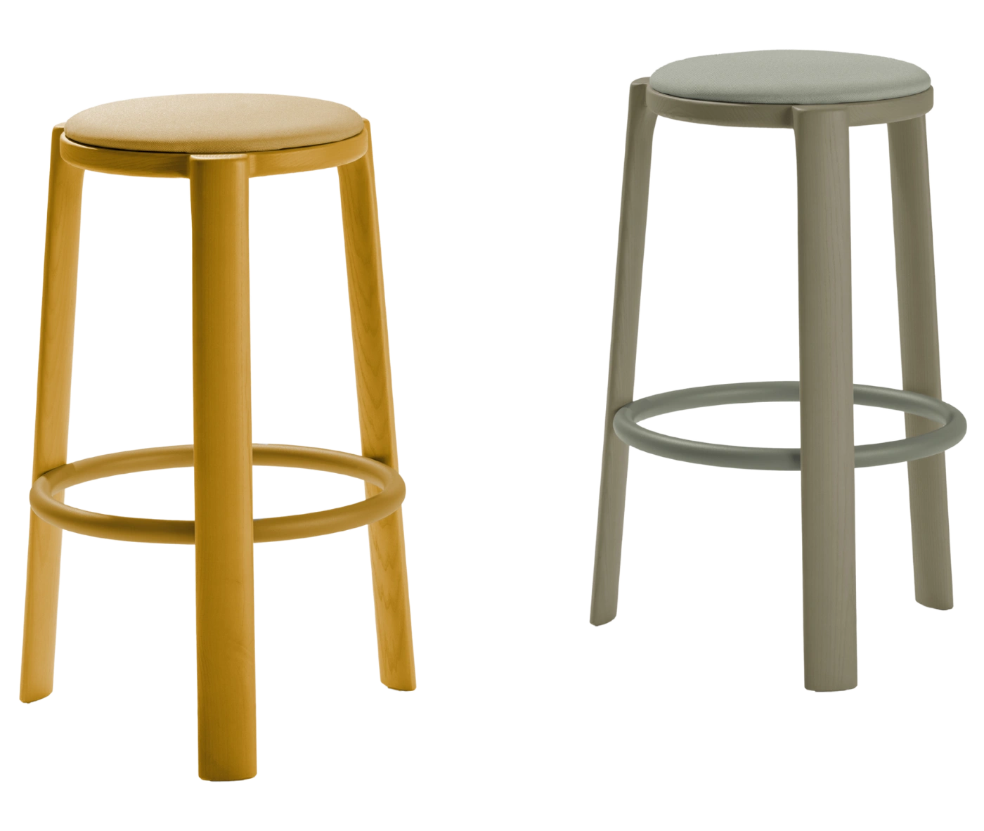 True Cute stools, front view with tall timber legs, upholstered seats and circular footrests in mustard and grey finishes.
