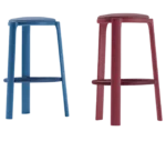 True Cute stools, front view with timber legs, upholstered seats and circular footrests in burgundy and blue finishes.