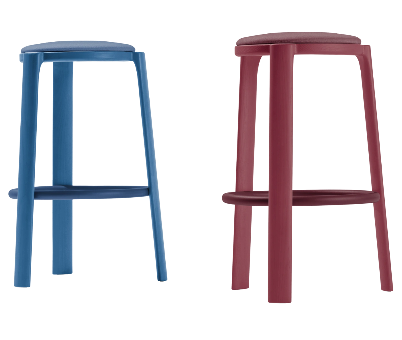 True Cute stools, front view with timber legs, upholstered seats and circular footrests in burgundy and blue finishes.