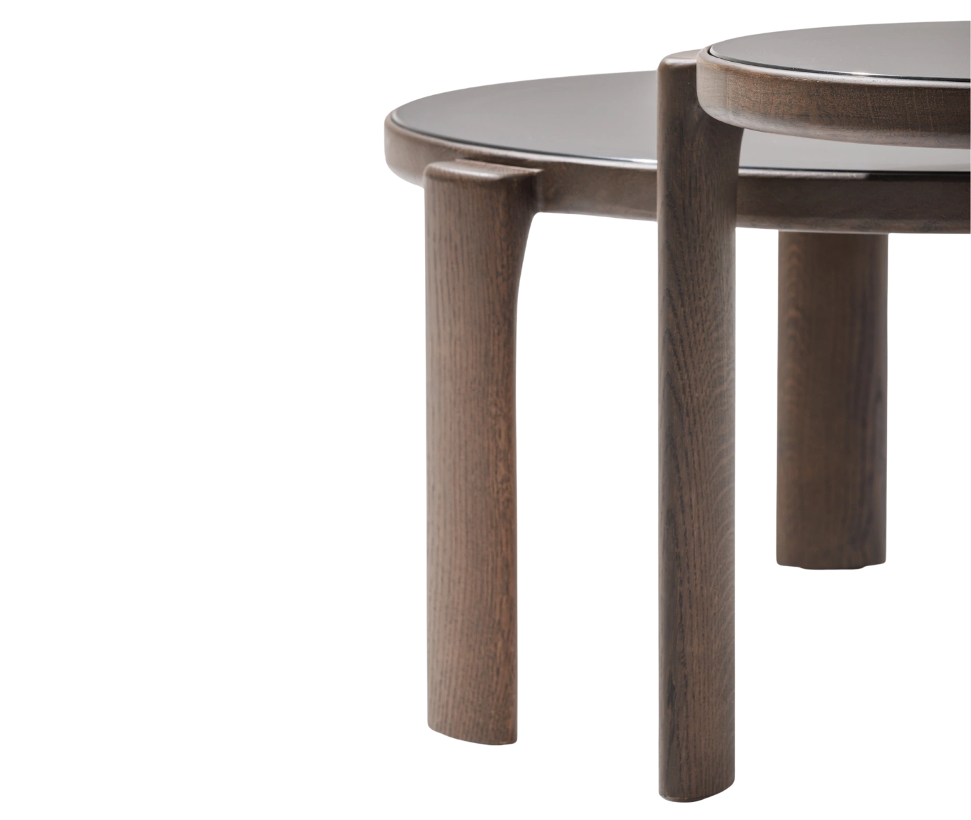 True Cute occasional tables, half close-up view with solid timber frames and glass tops.