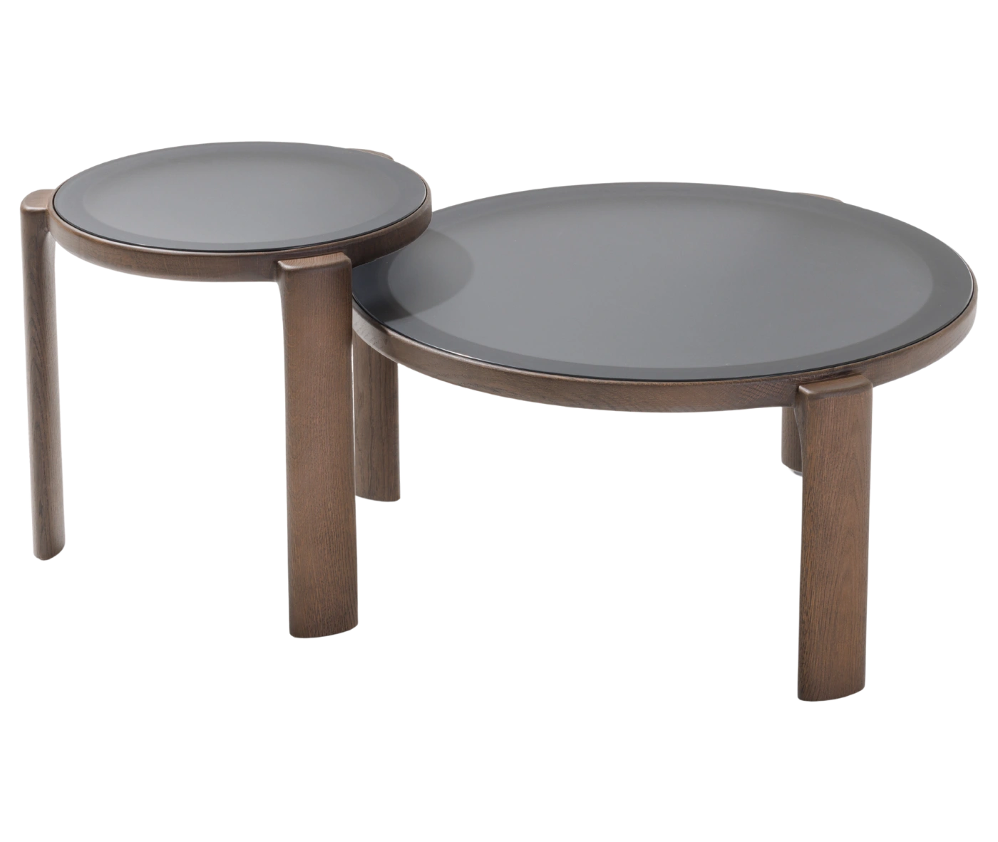 True Cute front view of overlapping occasional tables with solid timber frames and glass tops.