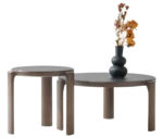True Cute front view of occasional tables with solid timber frames, glass tabletops, and a vase on the tabletop.