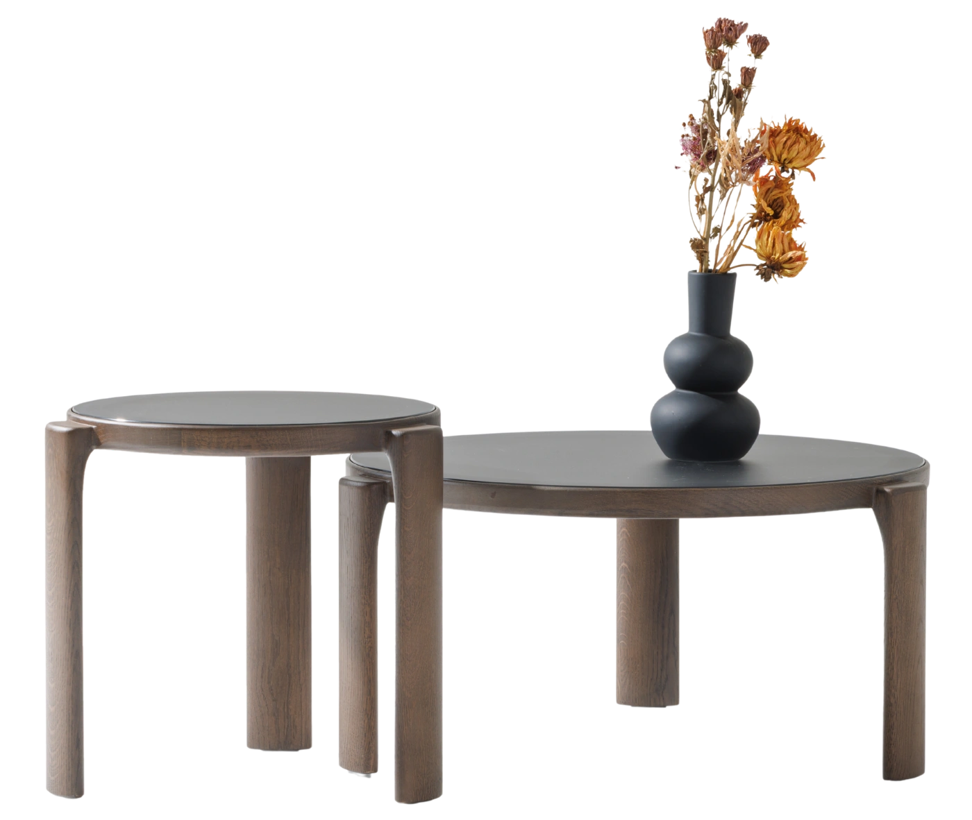 True Cute front view of occasional tables with solid timber frames, glass tabletops, and a vase on the tabletop.