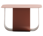 True Fiocco table in front view with rectangular top and curved metal base in terracotta red finish.