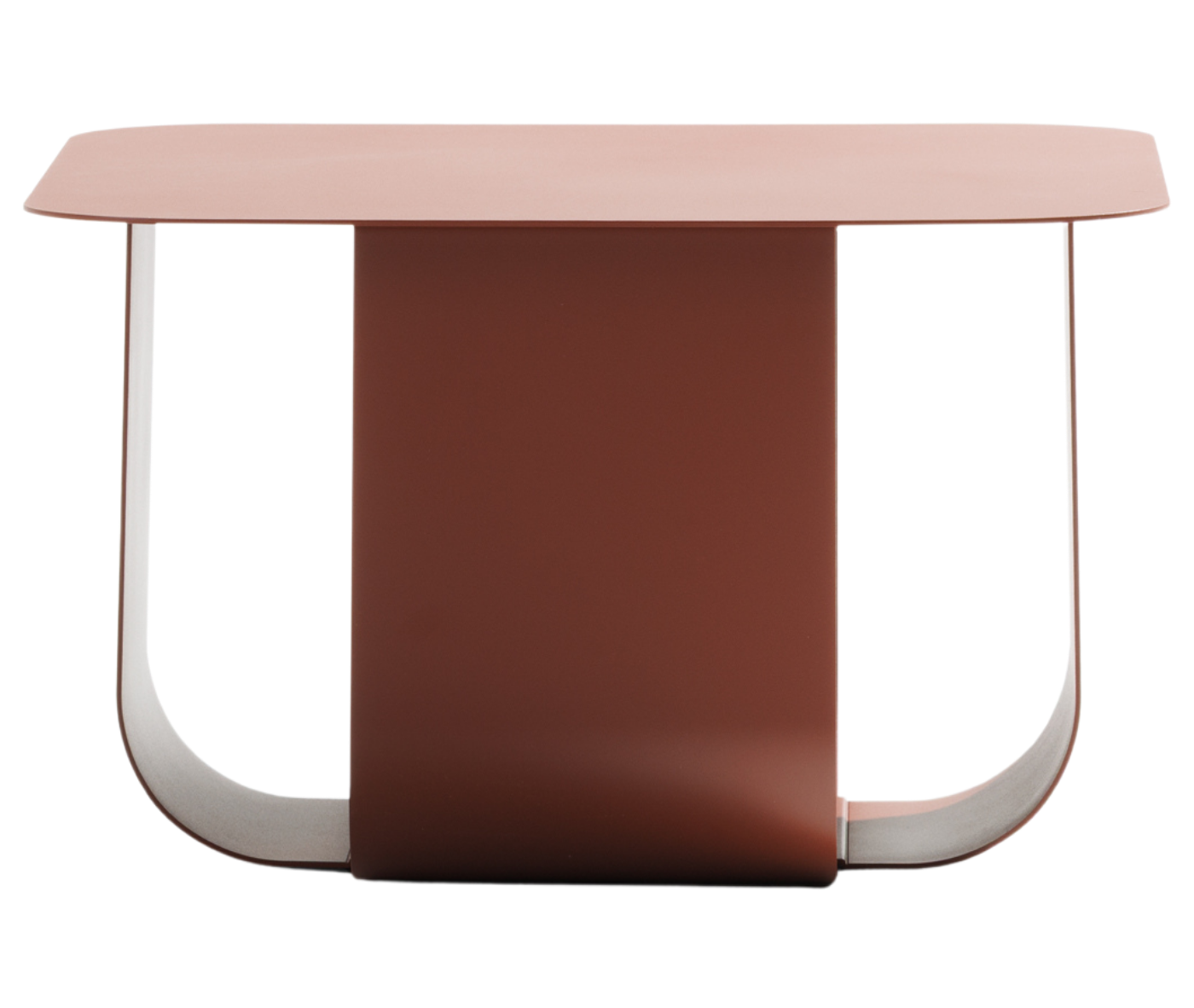 True Fiocco table in front view with rectangular top and curved metal base in terracotta red finish.