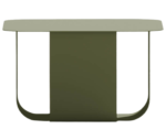 True Fiocco table in front view with rectangular top and curved metal base in olive green finish.