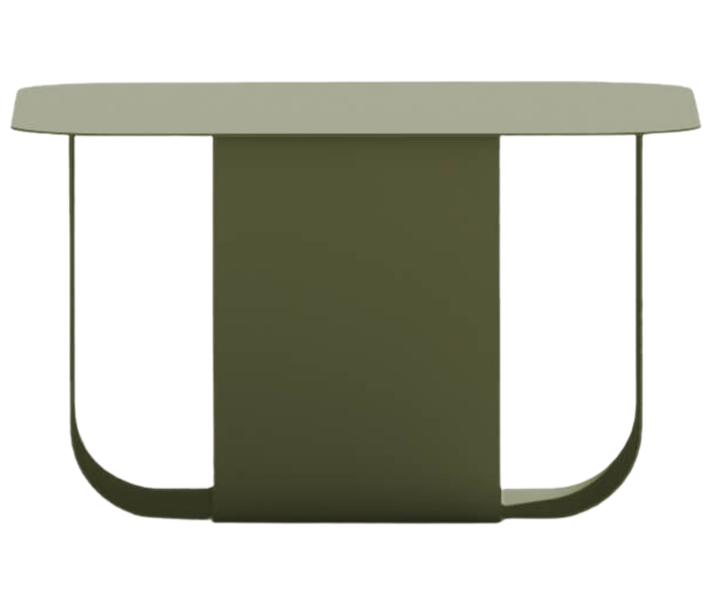 True Fiocco table in front view with rectangular top and curved metal base in olive green finish.