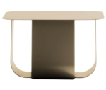 True Fiocco table in front view with rectangular top and curved metal base in beige finish.
