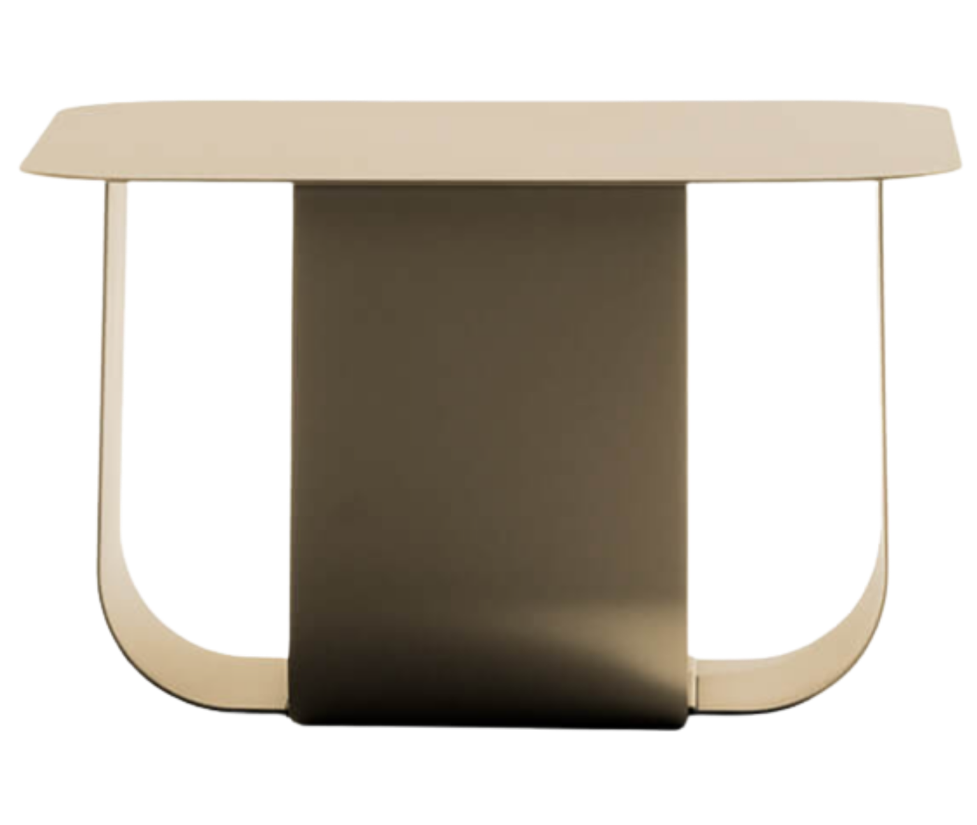 True Fiocco table in front view with rectangular top and curved metal base in beige finish.