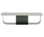 True Fiocco table in front view with wide rectangular top and short curved metal base.