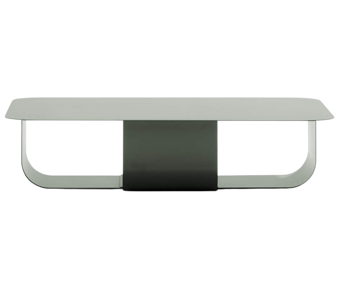 True Fiocco table in front view with wide rectangular top and short curved metal base.