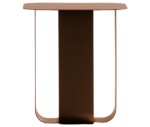 True Fiocco table with rectangular top and elongated curved metal base in brown finish.