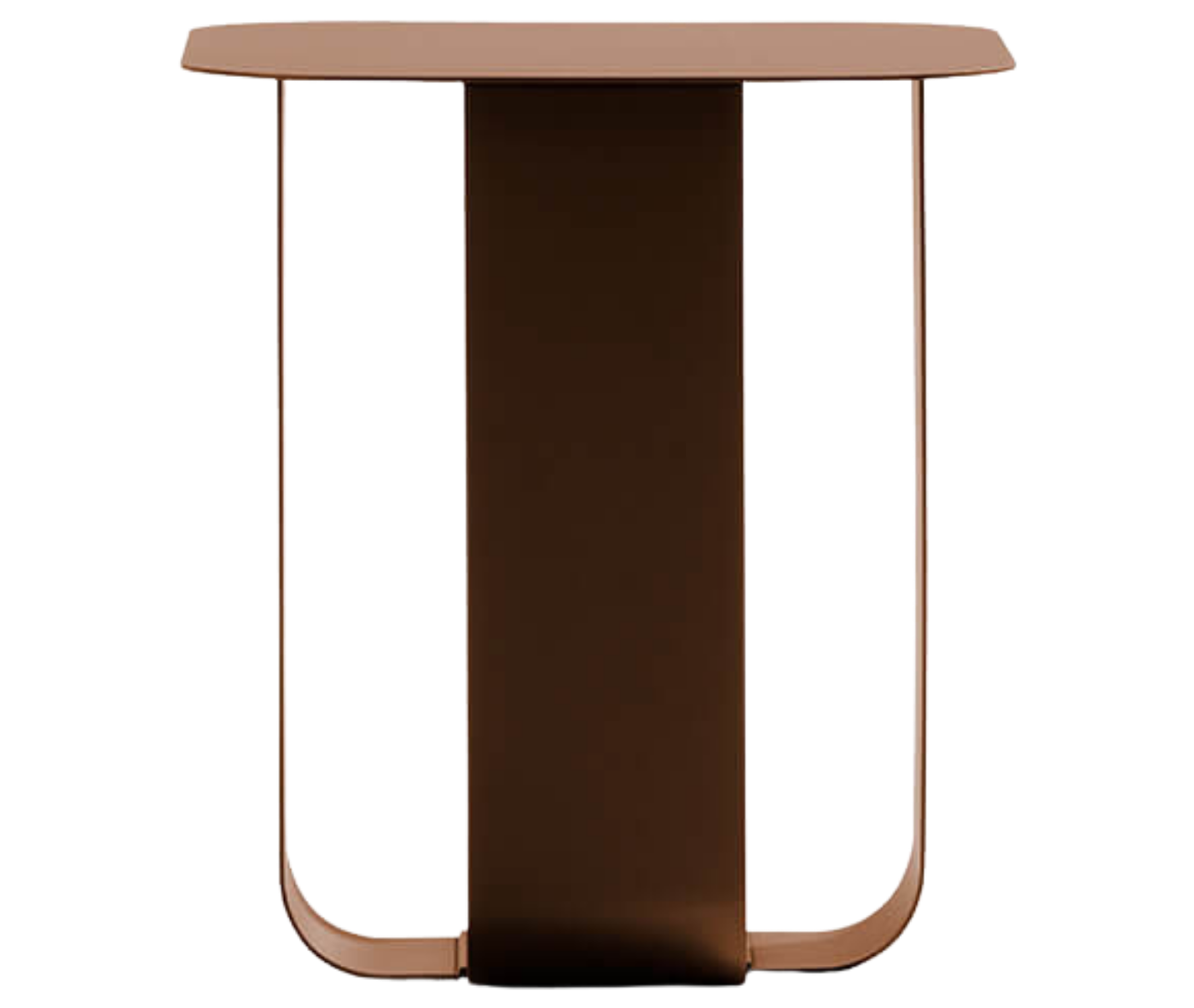 True Fiocco table with rectangular top and elongated curved metal base in brown finish.