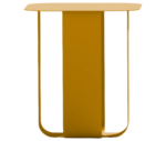 True Fiocco table with rectangular top and elongated curved metal base in yellow finish.