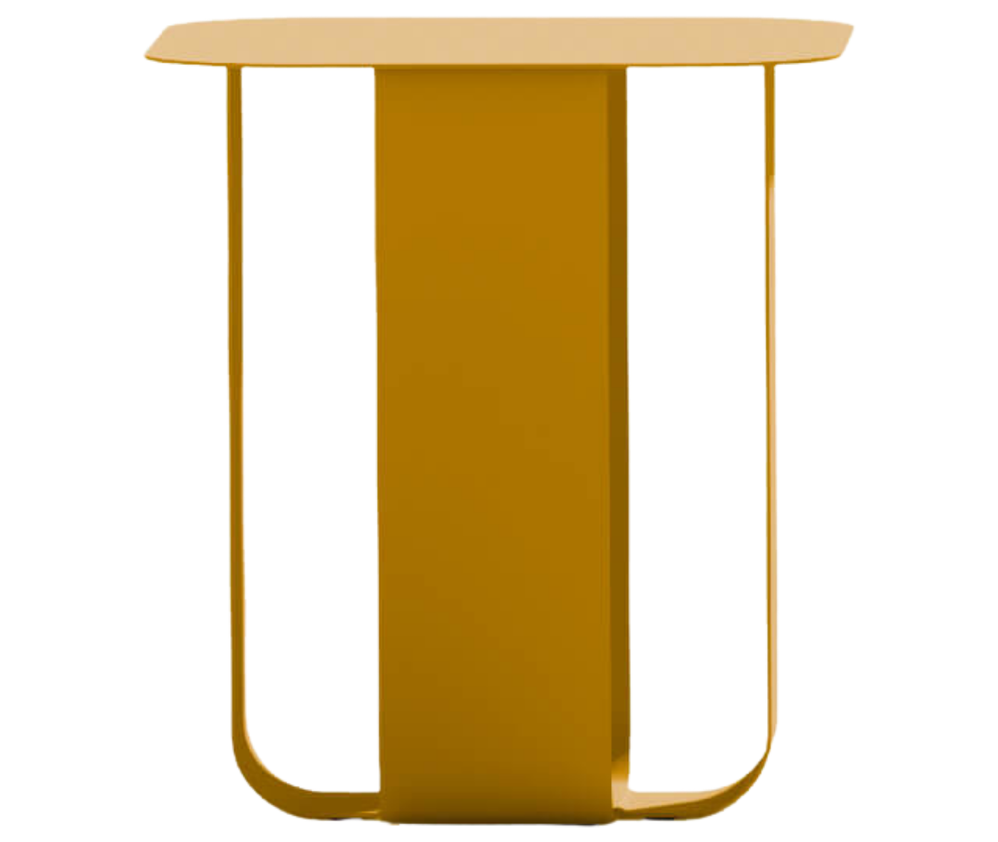 True Fiocco table with rectangular top and elongated curved metal base in yellow finish.