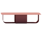 True Fiocco table in front view with wide rectangular top and short curved metal base in terracotta red finish.