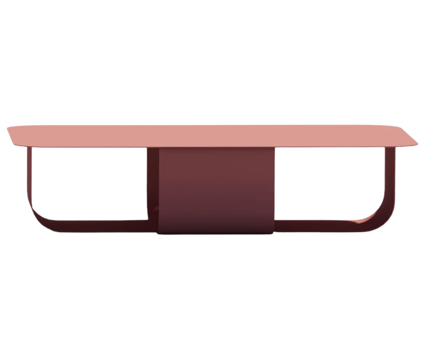 True Fiocco table in front view with wide rectangular top and short curved metal base in terracotta red finish.